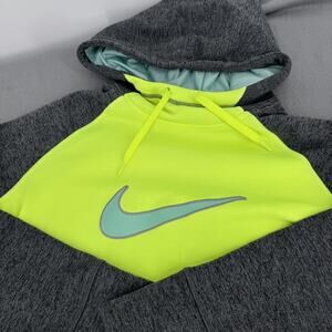 Nike Therma FIT Hoodie Youth Large Volt Yellow Gray Fleece Pullover Sweatshirt
